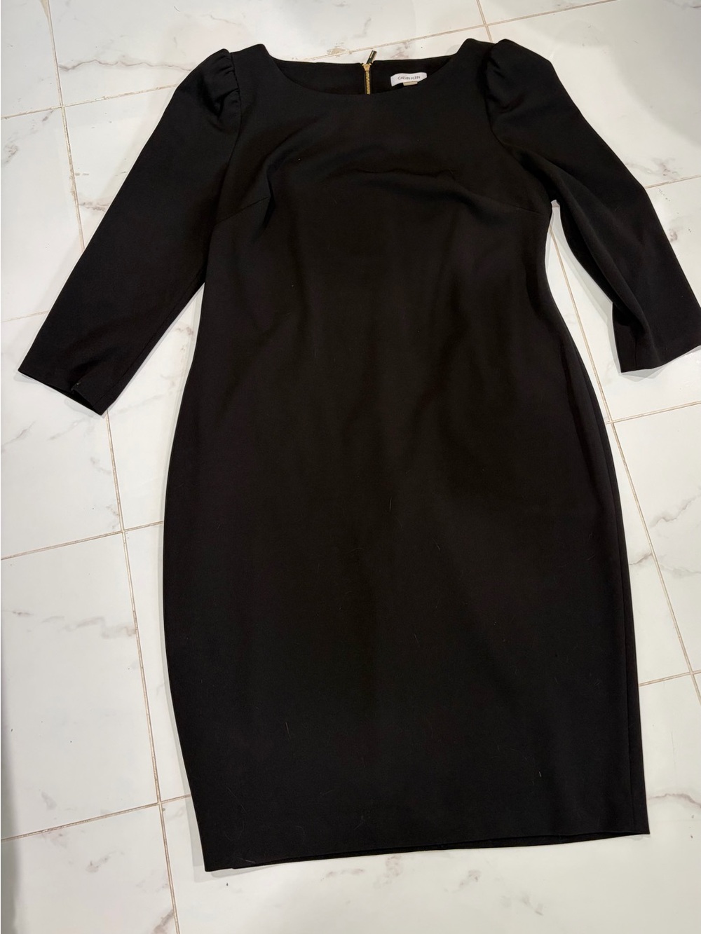 Calvin Klein Black Midi Sheath Dress with Puff Shoulders
